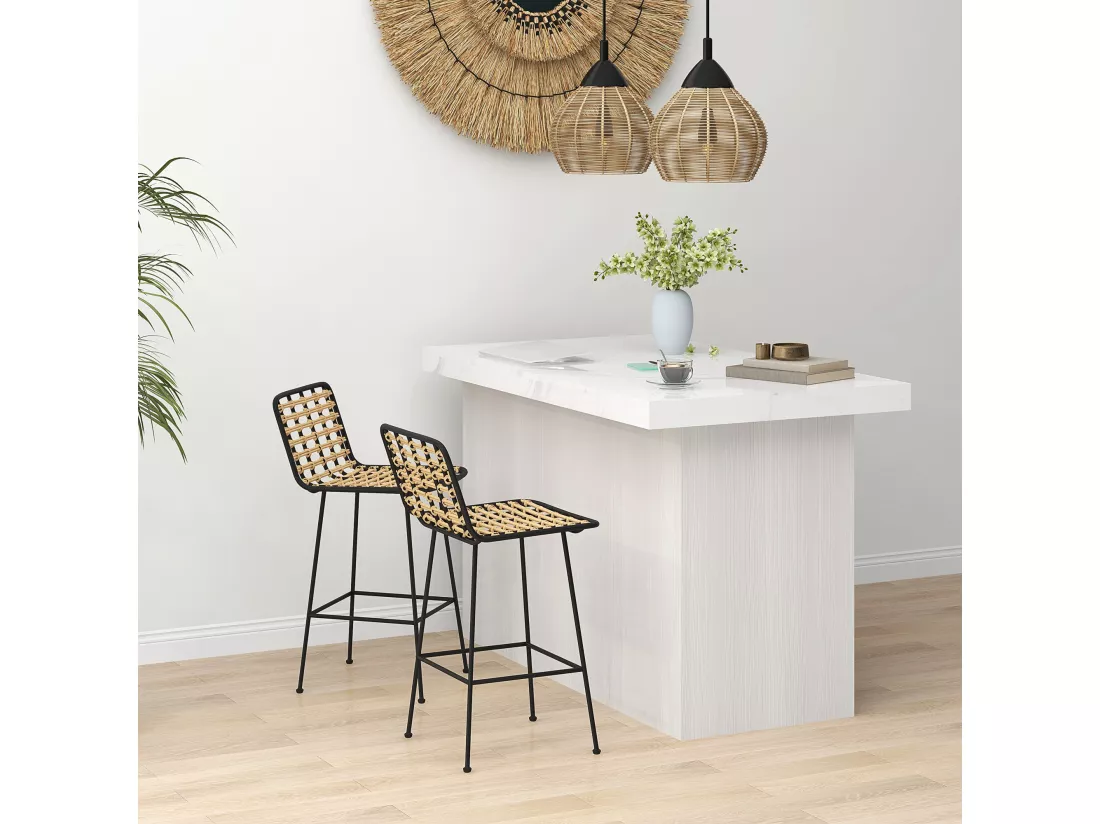 Lot de 2 tabourets de bar style bohème chic repose-pieds acier noir résine aspect rotin