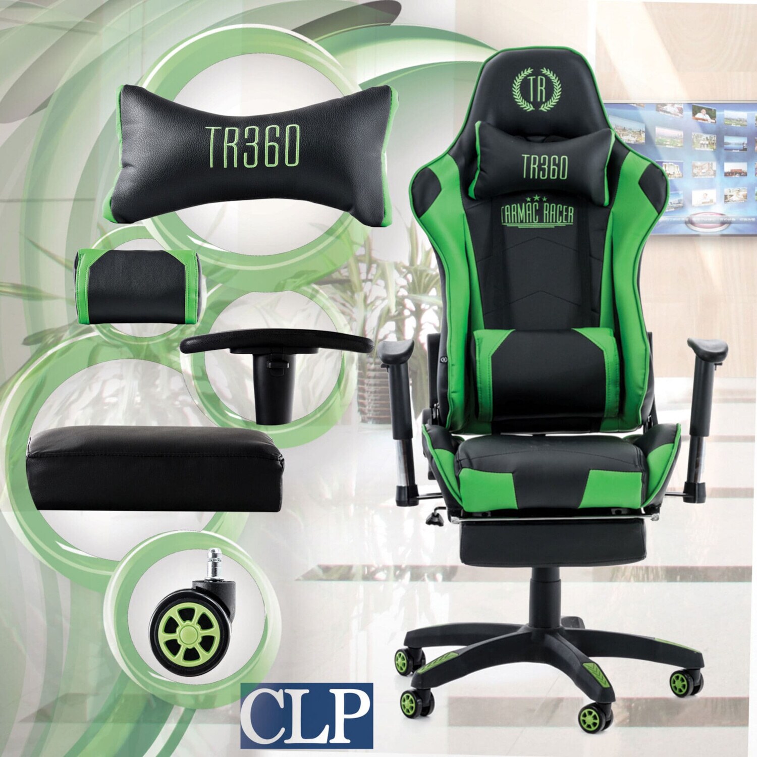 TPFLiving Racing Bürostuhl Turbine mit Fußablage Schwarz/Blau
