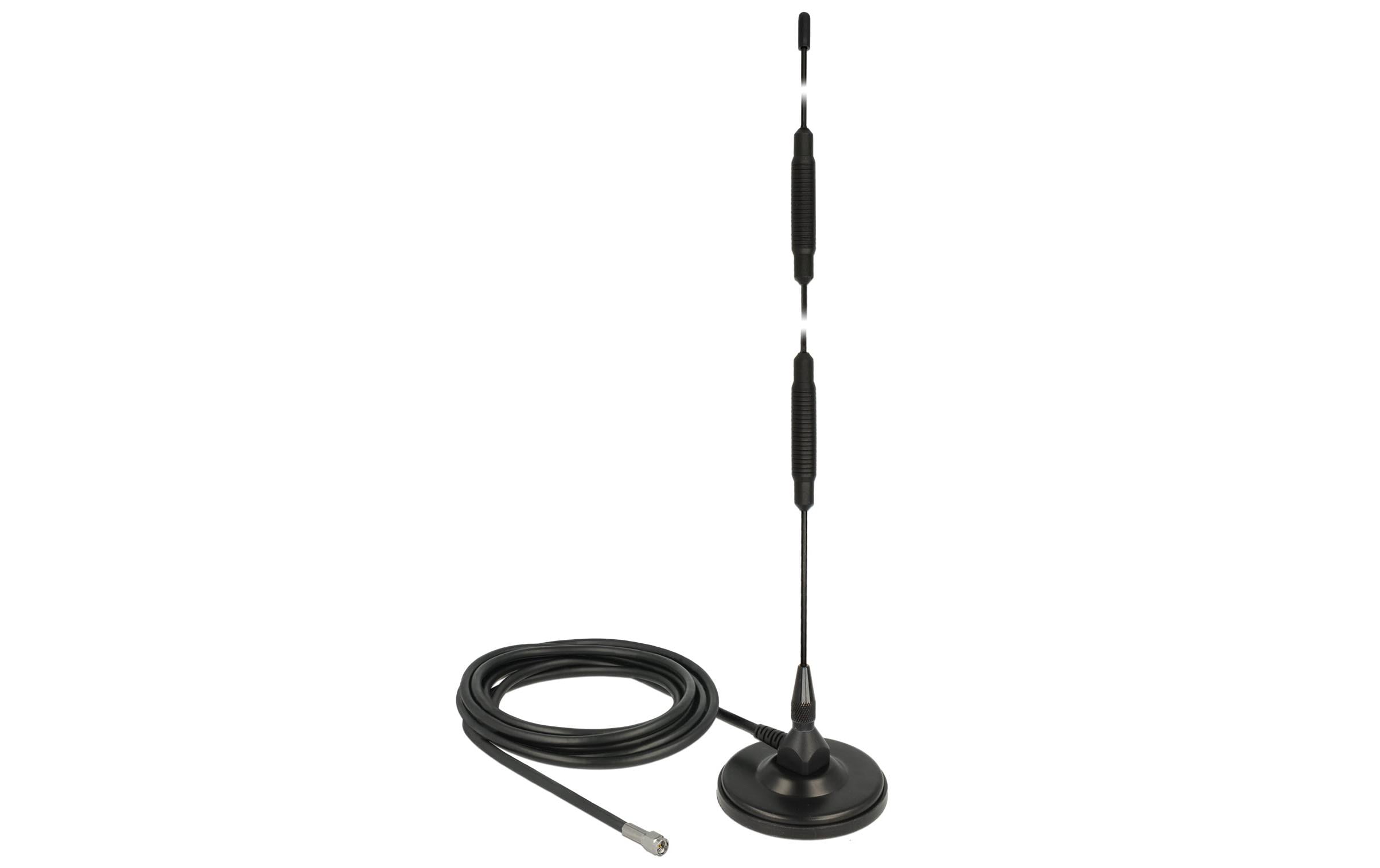 LTE/LoRA-Antenne SMA 7 dBi RundstrahlDelock LTE Antenne SMA Stecker 7 dBi starr omnidirektional mit magnetischem Standfuss und Anschlusskabel RG-58 3 m outdoor schwarz