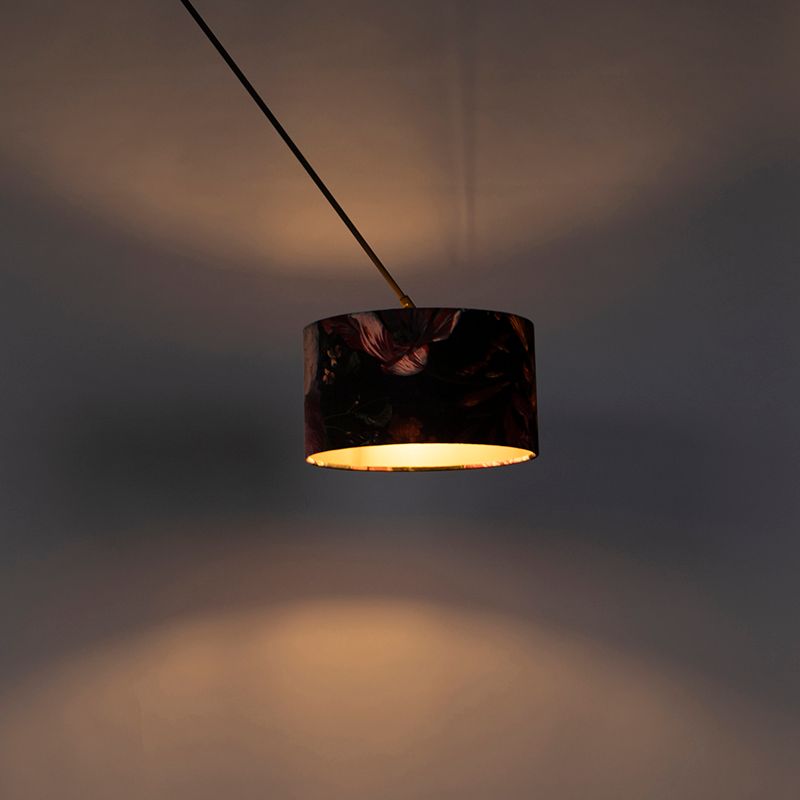 Hanglamp zwart met velours kap bloemen met goud 35 cm - Blitz