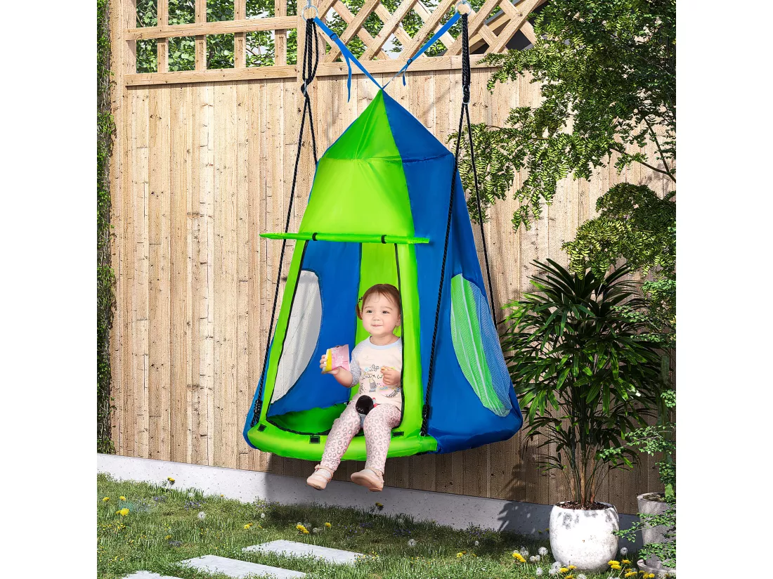 Balançoire nid d'oiseau ronde balançoire panier Ø 1 x 1,8H m - tente amovible incluse - 4 anneaux inclus métal époxy Oxford haute densité bleu vert