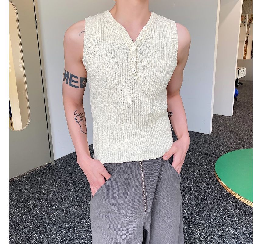 Freehop - V-hals Henley effen geribbeld gebreid tanktopje