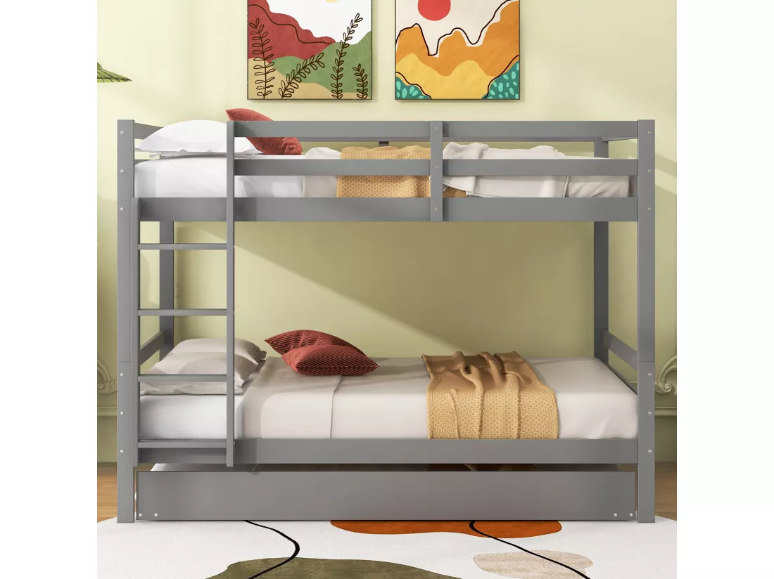 Lit d'enfant superposé gris 140 * 200cm avec lit gigogne, barre de barre haute, escalier stable