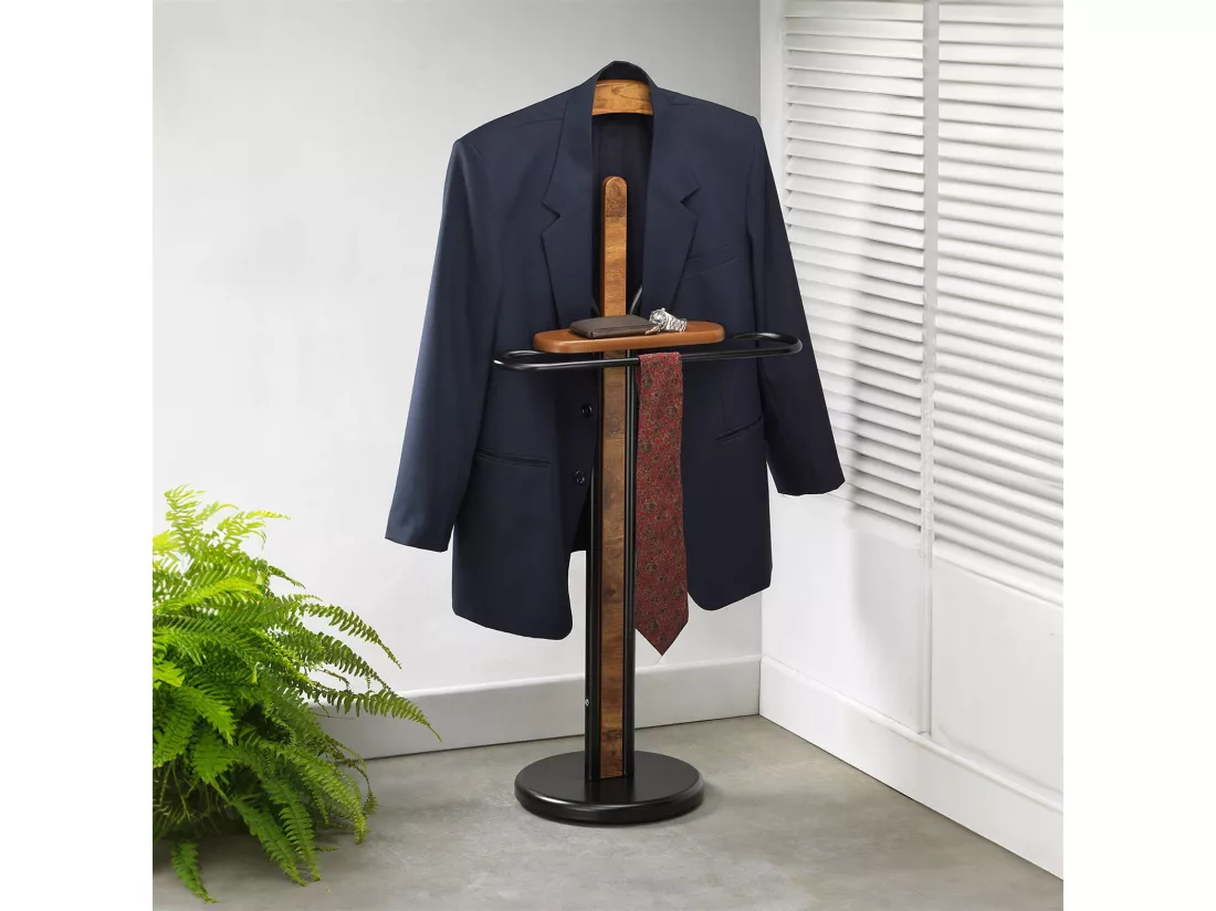 Valet de chambre FABIO chevalet de nuit portant pour vêtements, structure en métal laqué et finition en MDF effet vieux bois