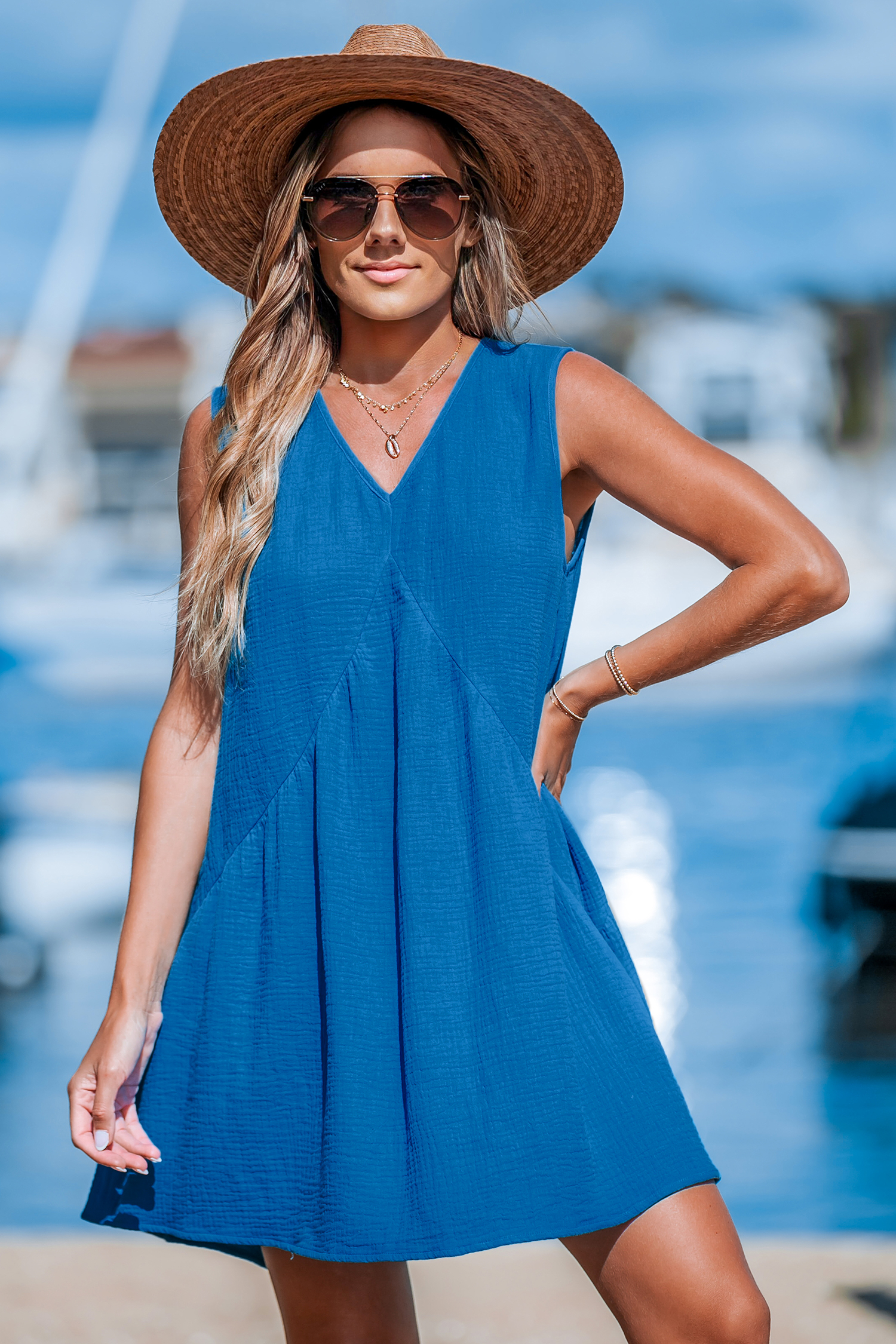 Robe mini en pur coton sans manches à col en V bleue et à tente