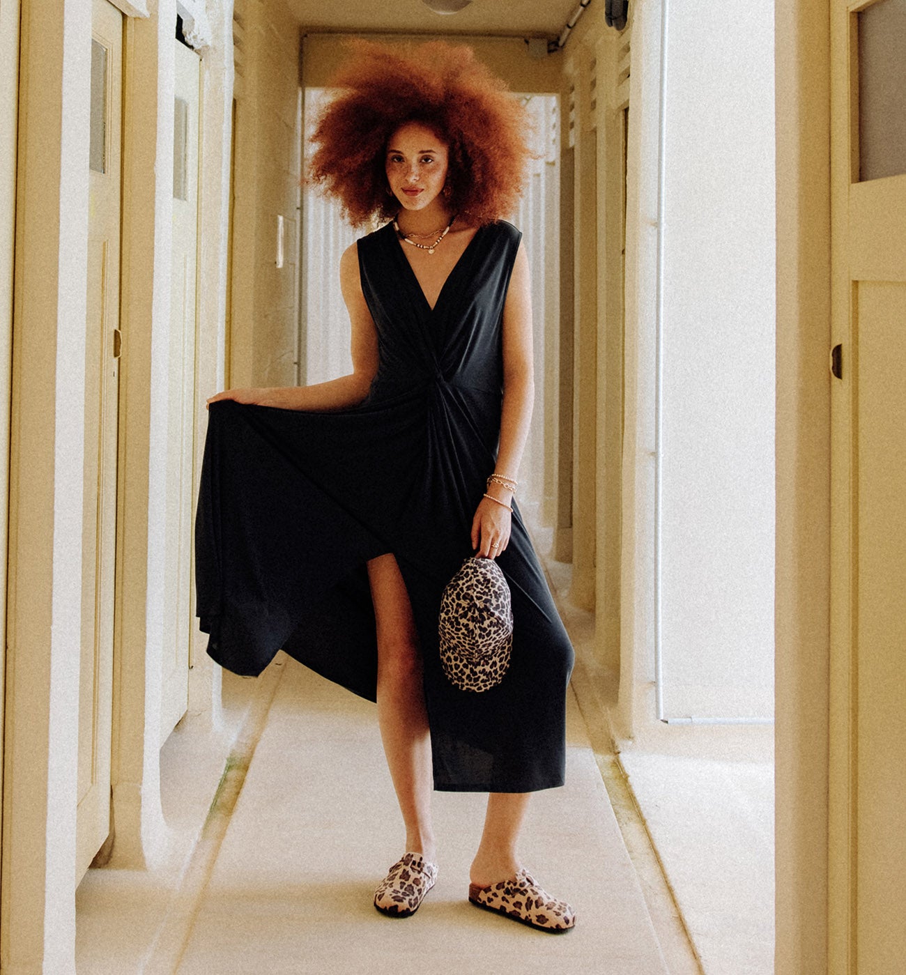 Longue robe unie en jersey - Noir