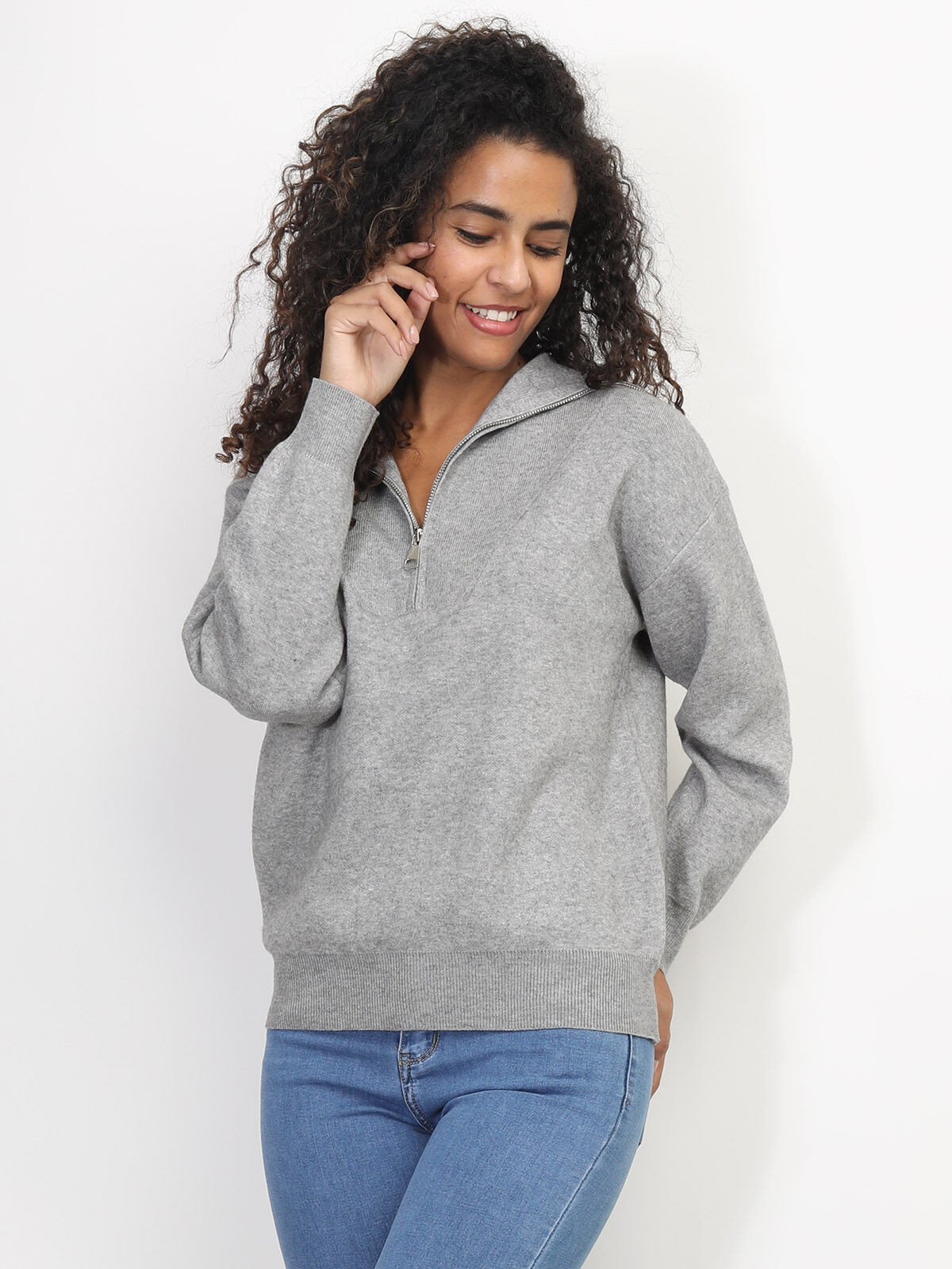 Pull à col montant zippé- Gris