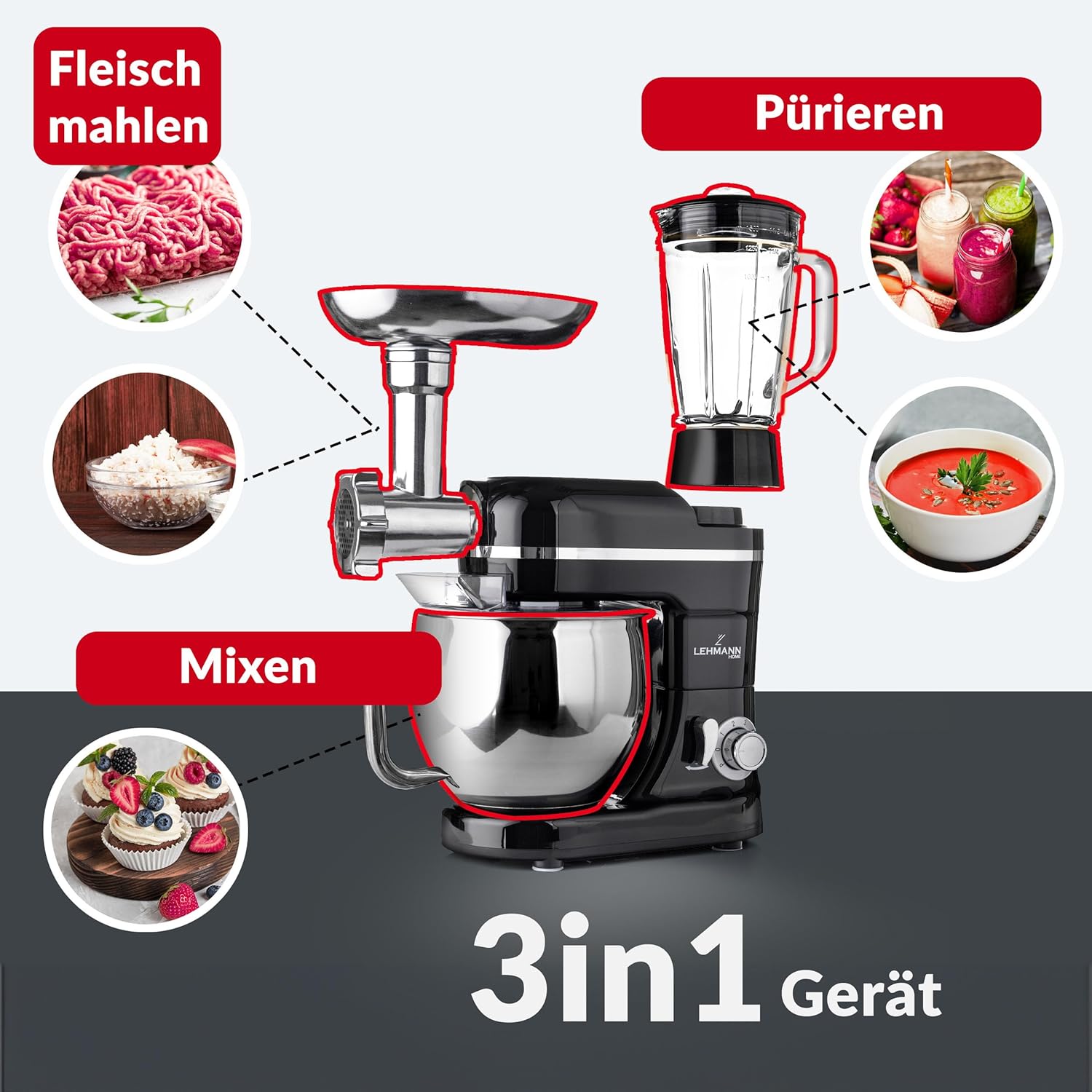 LEHMANN 3 in 1 Multifunktions Küchenmaschine mit Fleischwolf und 1.5L Standmixer, Knetmaschine mit 5L Edelstahlschüssel, 6 Geschwindigkeiten und Pulse, Rührmaschine mit großem Zubehör-Set