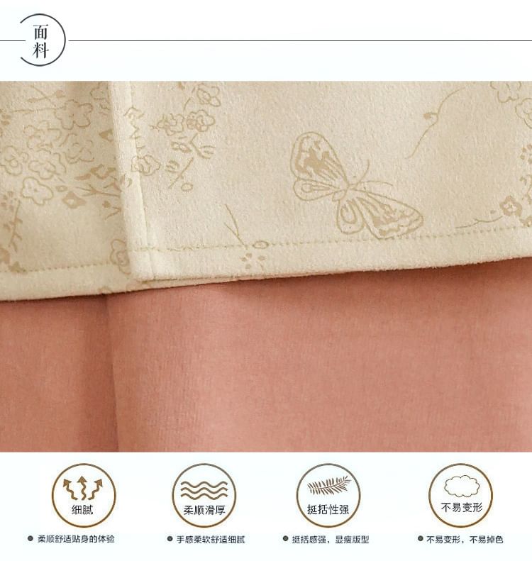 CosmoCorner - Traditionele Chinese top met lange mouwen, opstaande kraag, nep-tweedelig bloemenborduurwerk en kikkermotief, knoopsluiting / hoge taille, effen midi-A-lijn rok