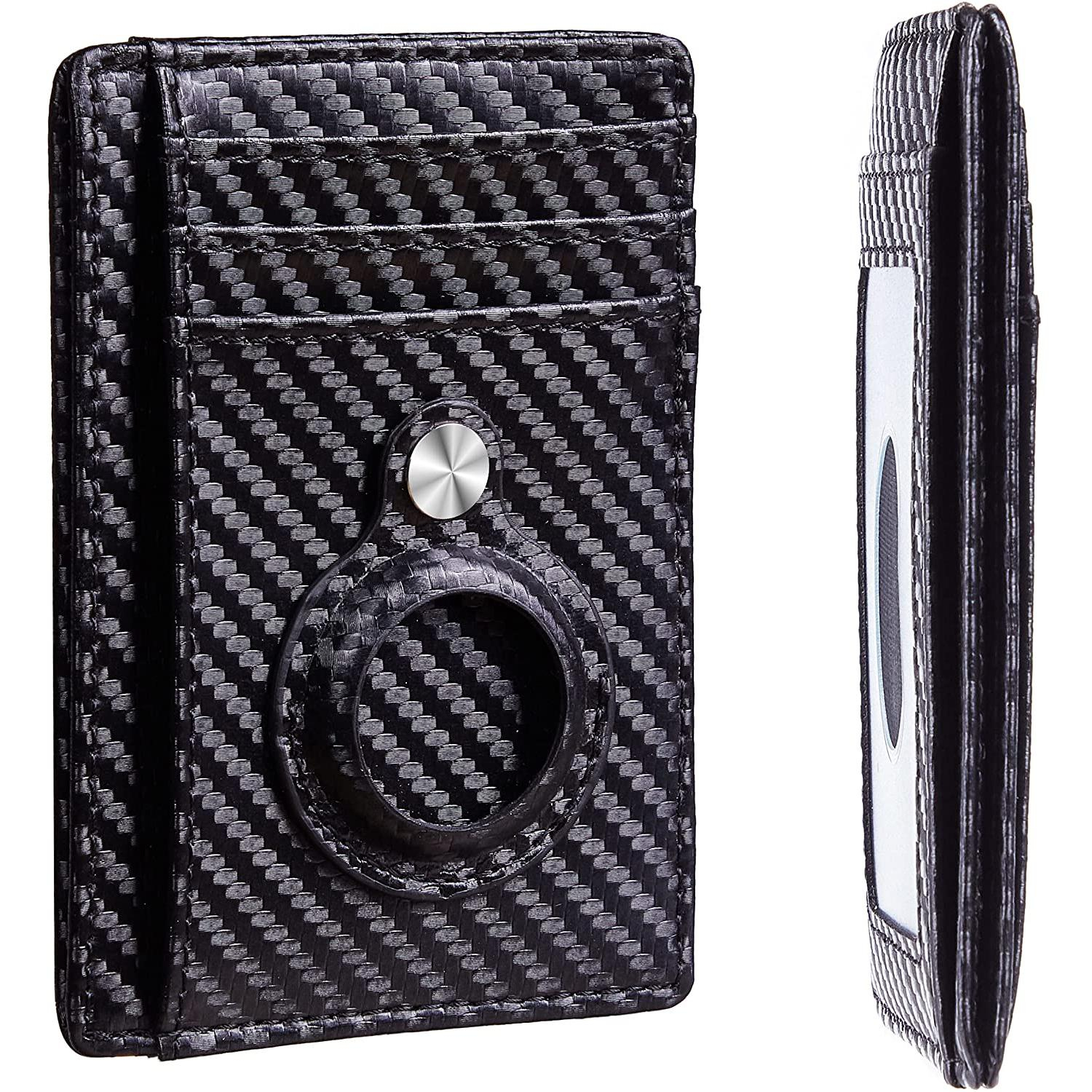 Apple AirTag Wallet Mini Kreditkarten Portemonnaie Leder Etui Geldbörse für 8 Karten - Schwarz (Carbon Optik)