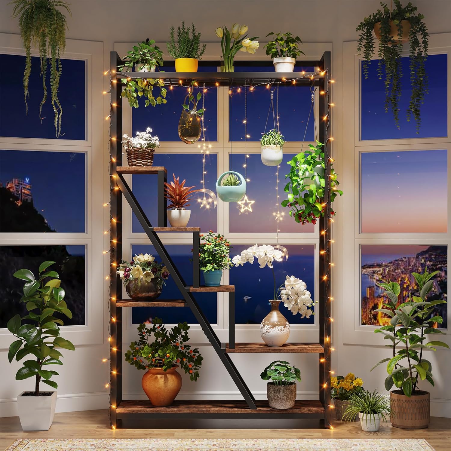 Tribesigns Blumenständer, 7 Ebenen großes Pflanzenregal mit 5 S-Haken, 180cm Hoch Pflanzenständer industrieller Blumenständer aus Holz für Indoor Balkon Boden Blumentreppe Wohzimmer (Rustikales Braun)