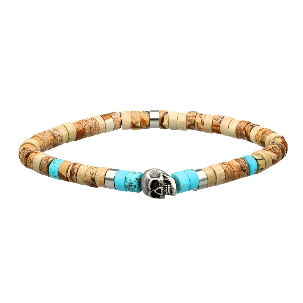 Bracelet Perles Heishi Pierres Naturelles Jaspe Paysage Et Turquoise Tête De Mort-Small-16cm