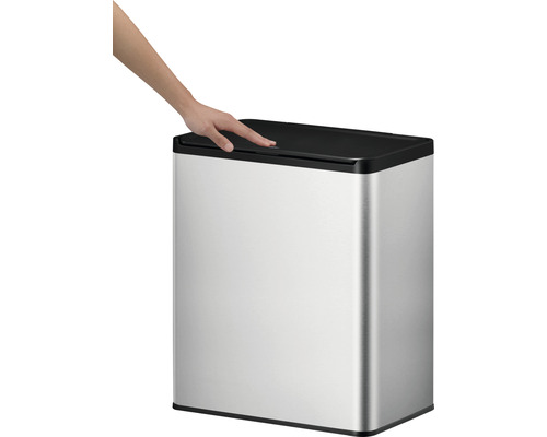 EKO Essential Touch prullenbak met scharnierend deksel, 2 compartimenten (2 x 20 l), zilver/zwart geborsteld mat