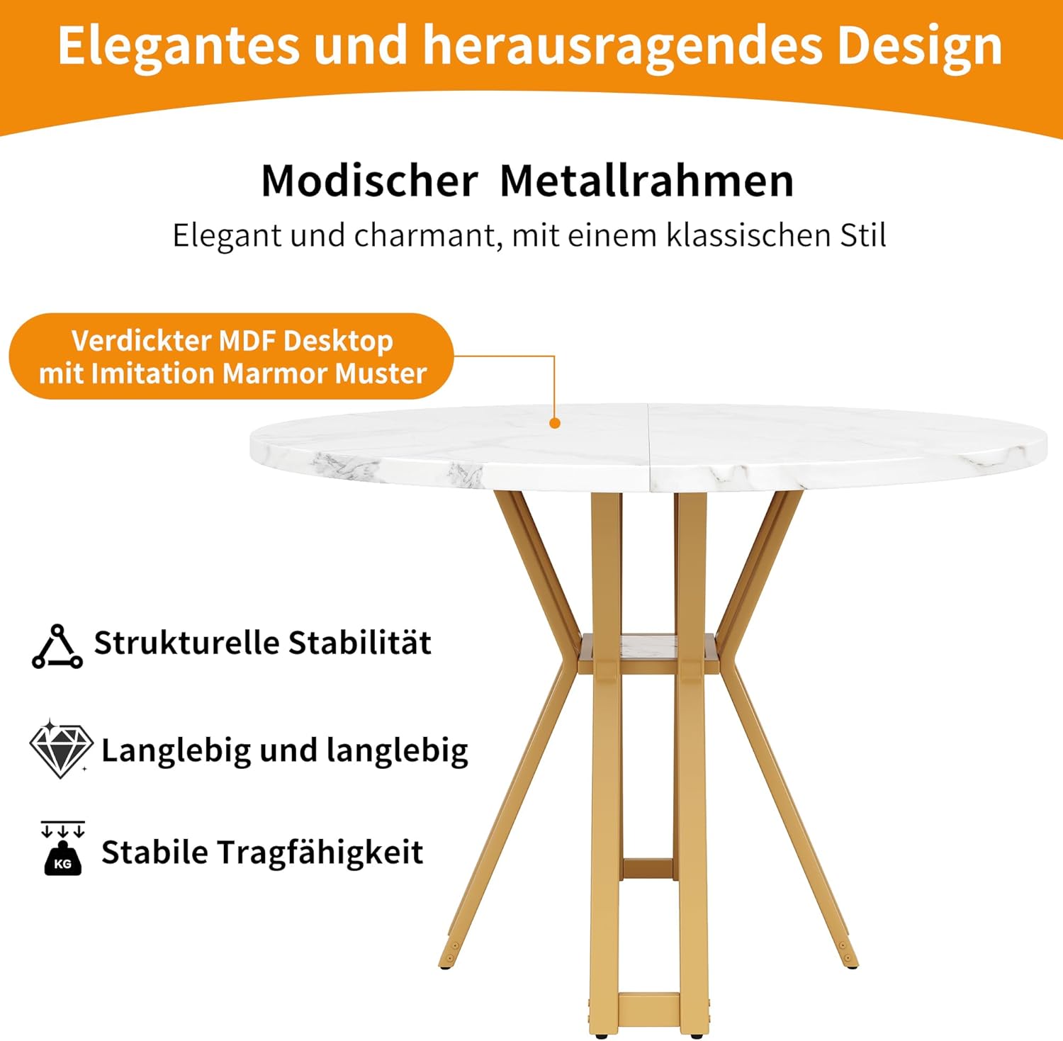 Merax Esstisch Rund, Marmormuster Esstisch Kaffeetisch, für 4-6 Personen, Metallrahmen, verstellbareTischbeine, geeignet für Restaurant,Wohnzimmer,Küche,Esszimmer,Gardn, Weiß/Gold, 100×100×76cm