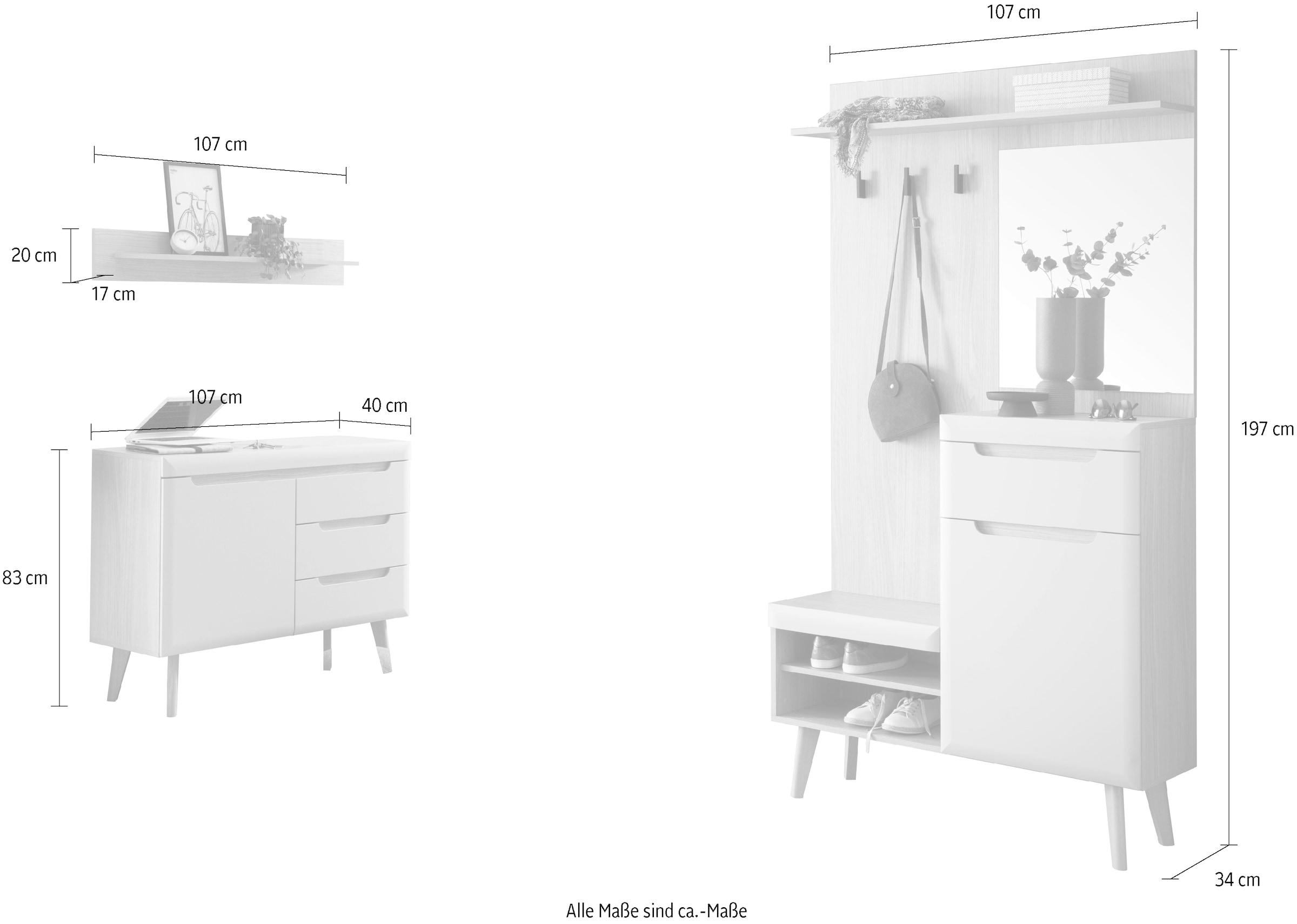 Home affaire Garderoben-Set »Torge, Garderobe mit Stauraum, Garderobenschrank im Scandic Design« Set, 3 Stk. tlg.