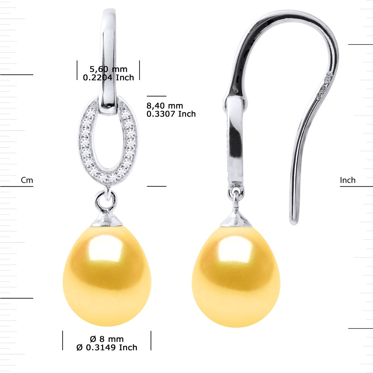 Crochets d'Oreilles Perles d'Eau Douce Poires 8-9 mm Dorées Joaillerie Argent 925
