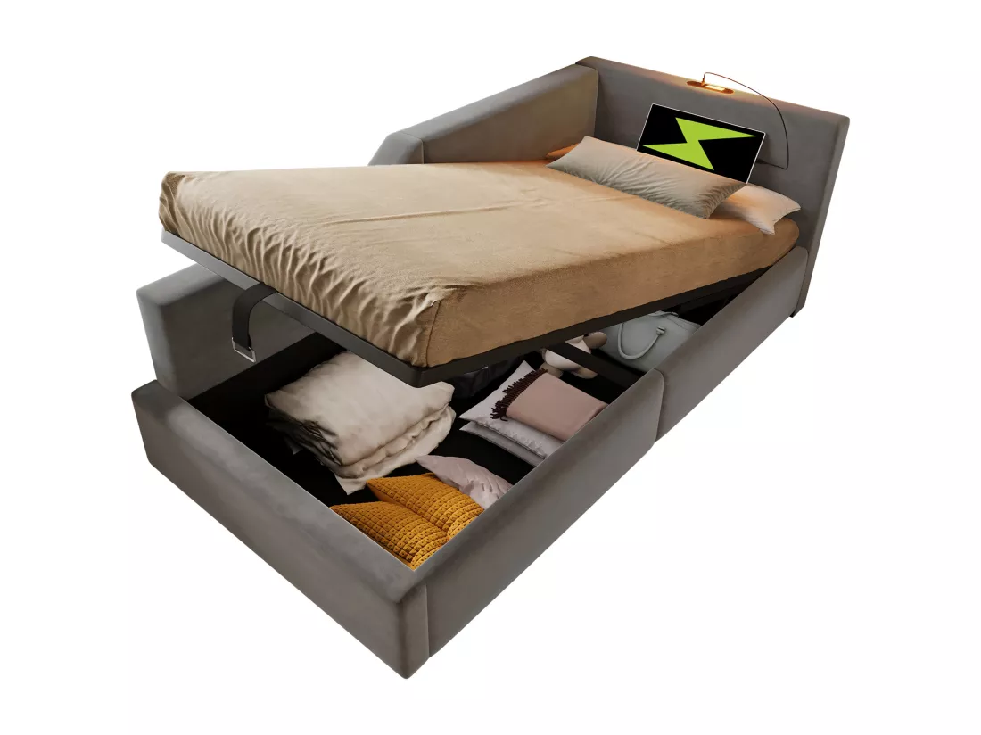 Lit coffre 90x190cm - Lit banquette en velours - avec liseuse et ports de charge - avec sommier à lattes - Gris