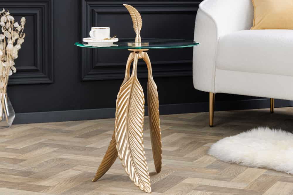 Extravaganter Beistelltisch FEATHER 65cm gold Glasplatte handmade rund