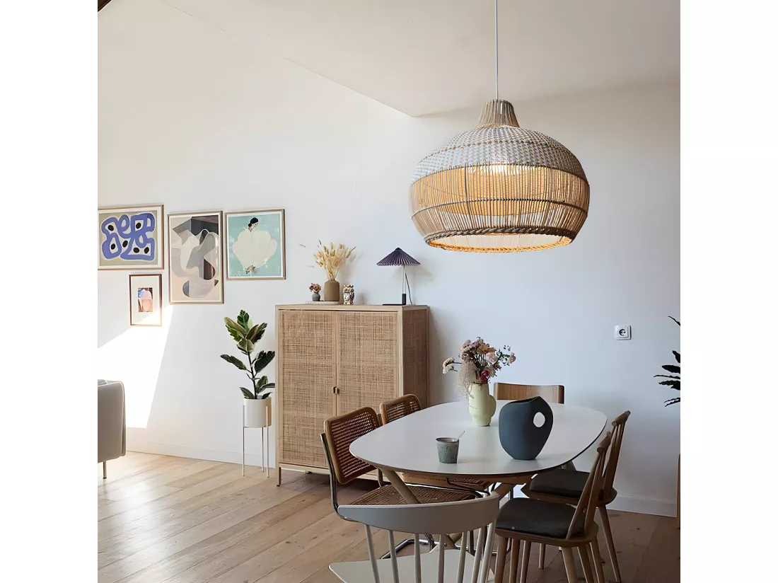 Luminaire suspension en rotin blanc d40 cm x h40 cm