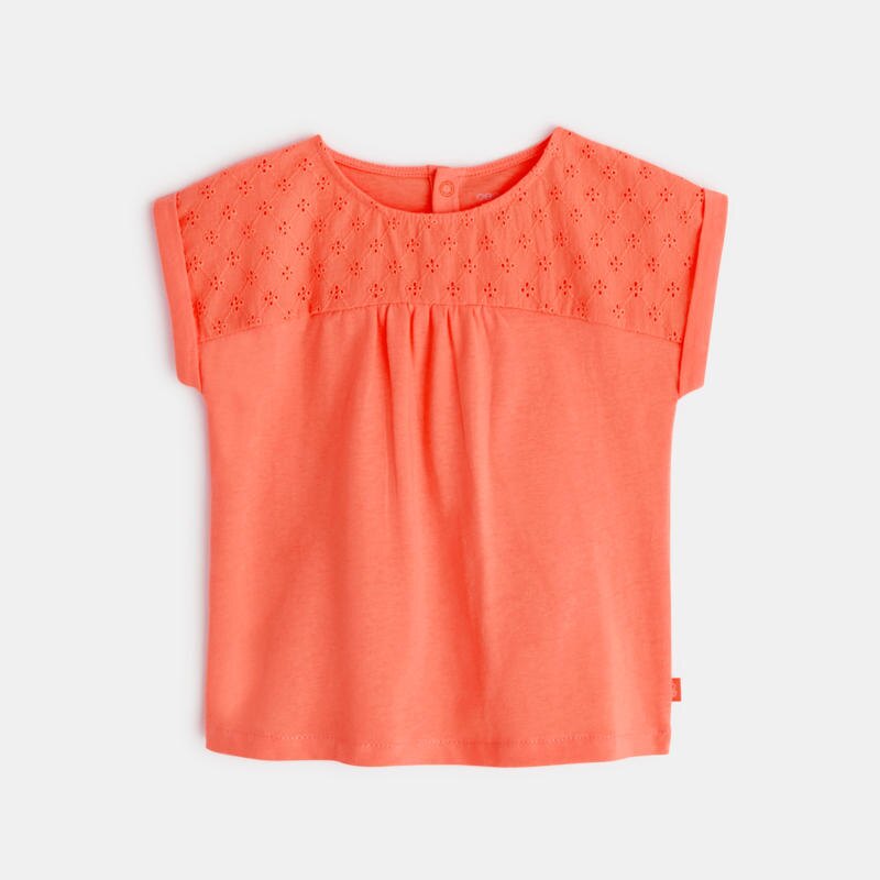 T-shirt bi-matière broderie anglaise orange bébé fille Orange