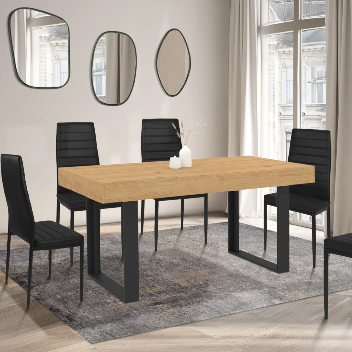 Table à manger extensible rectangle OREGON avec rangement 4-8 personnes façon chêne et noir 160-200 cm