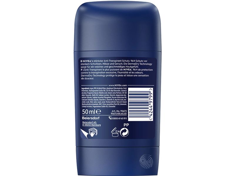 NIVEA MEN Deo Stick Derma Dry Control Male 50 ml Anti-Transpirant-Stick mit 96h klinisch nachgewiesenem Schutz vor Schweiss und Geruch
