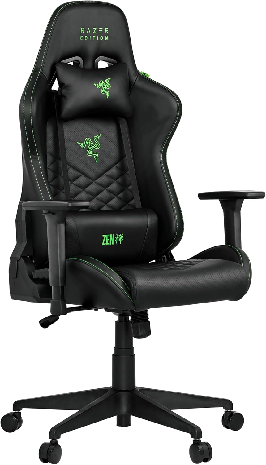 Razer Edition TAROK Natrix PC Gaming Stuhl - atmungsaktives PU-Leder gesteppt, Softcoat 3D Armlehnen, Wippfunktion, Lendenkissen und Kopfkissen, bis 130kg, schwarz