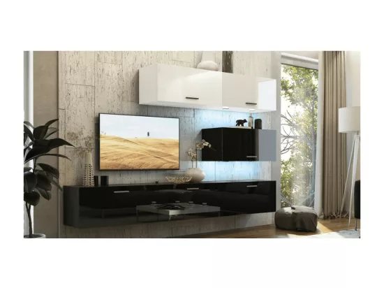 Ensemble meubles de salon haut blanc et bas noir suspendus collection CEPTO XXV 249 cm, 6 meubles, LEDs, modulables