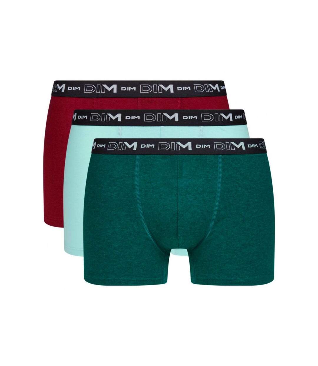 DIM Lot de 3 Boxers Homme Coton STRETCH Bleu céramique Vert sarcelle Rouge rubis