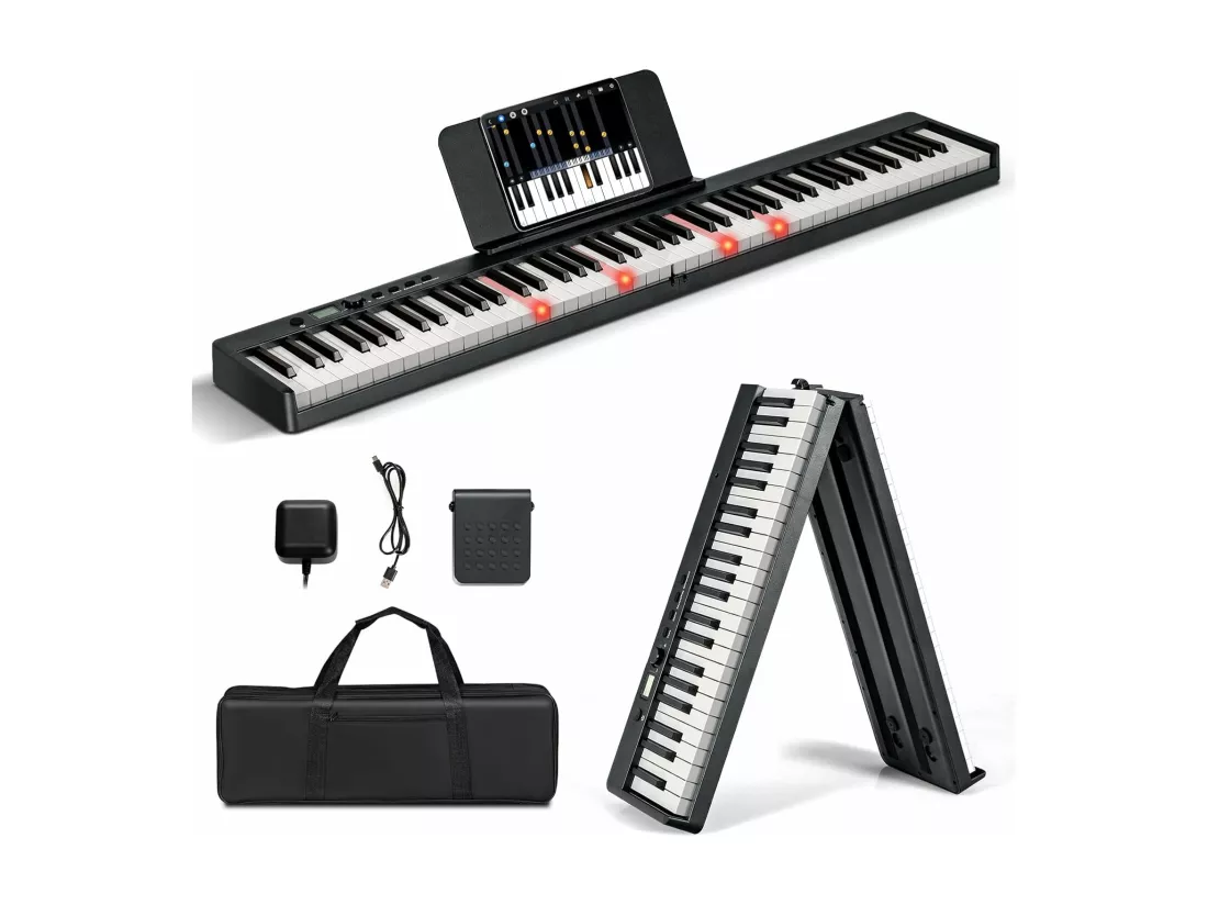 Piano Numérique Pliable à 88 Touches avec Pupitre, Clavier Electrique Portable avec Touche Lumineuse,2 Modes d'Apprentissage, MP3/USB/MIDI, 3 Ans+, Noir