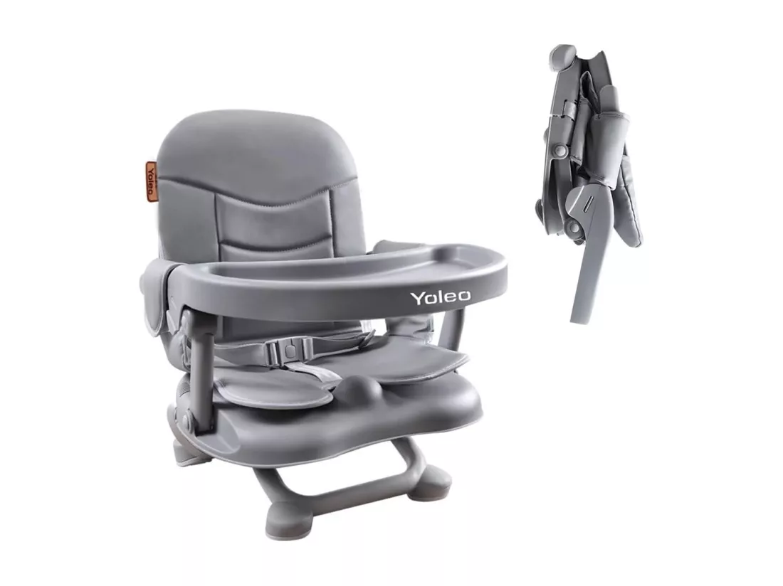 YOLEO Réhausseur Chaise Enfant Pliable,Chaise Haute Bébé Portable,Bébé Chaise repas en Hauteur Réglable,Plateau Amovible,6 mois à 3 ans,Gris avec Coussin