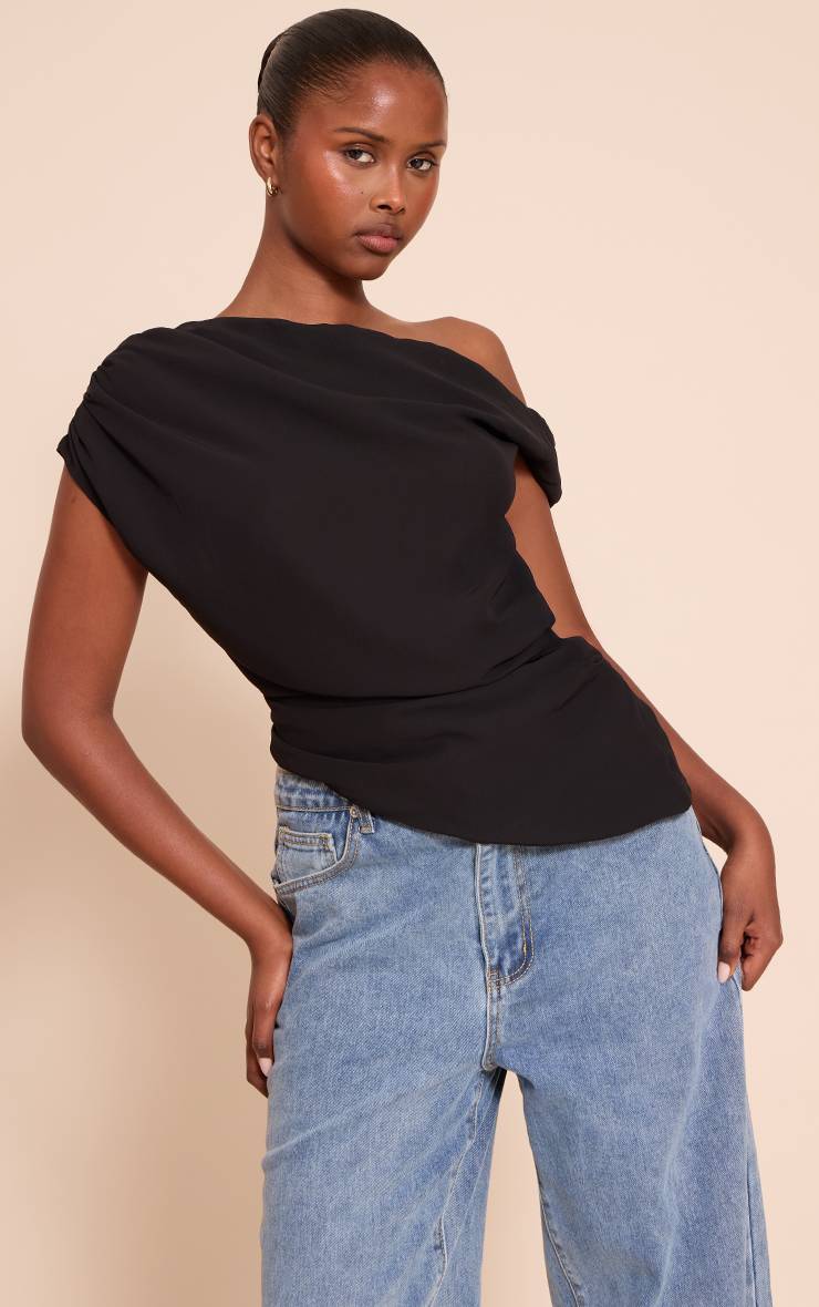 Noir Haut Long Drapé Asymétrique En Mousseline
