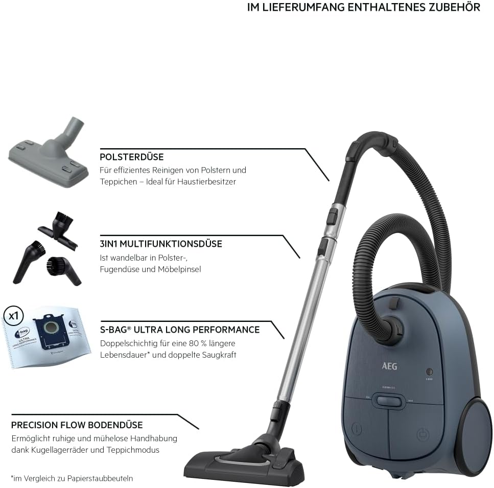 AEG CLEAN 6000 Staubsauger mit Beutel, Hohe Saugleistung, inkl. Zusatzdüsen, 50% Recyclingkunststoff, Ideal für Haustierbesitzer, Reinigen von Polstern, 12 m Kabel, 850 W, Blau, AB61C2DB