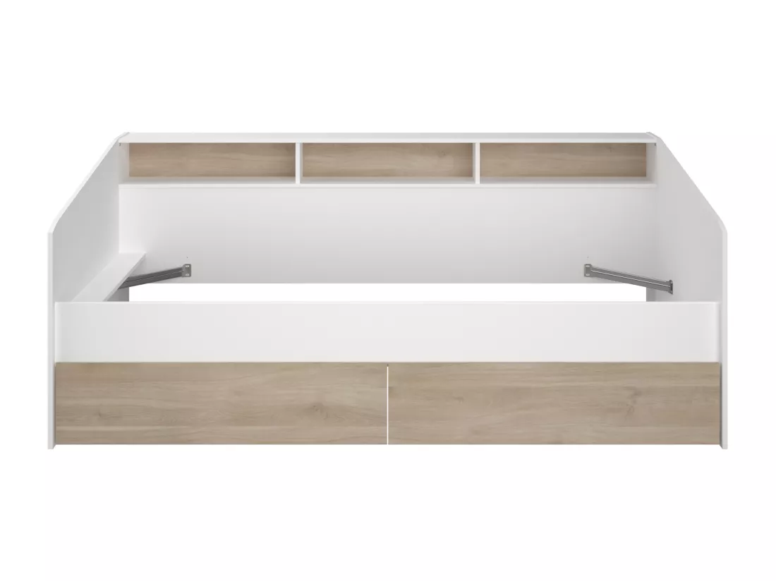 Lit 90 x 190/200 cm avec rangements - Blanc et naturel - PAULETTE