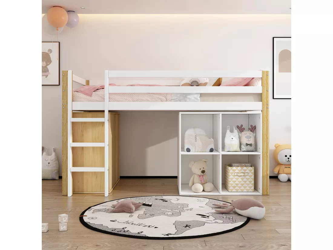 Lit enfant, lit enfant simple avec 2 casiers et échelle, sans matelas, 90 x 200 cm, blanc