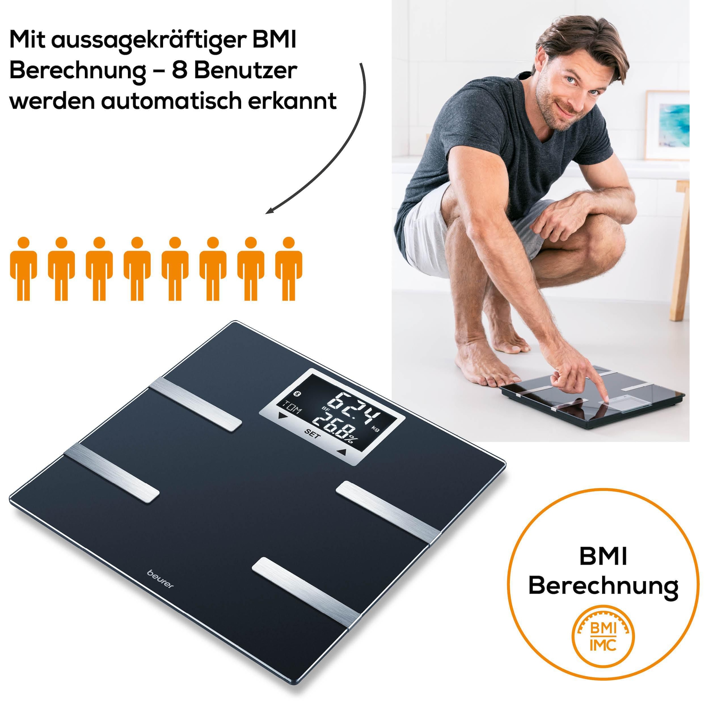 BEURER Körper-Analyse-Waage »BF 720 Messung von Körperfett, Muskelanteil, Kalorienanzeige usw.« Körperanalyse, mit App zur Übertragung und Tracking der Messwerte