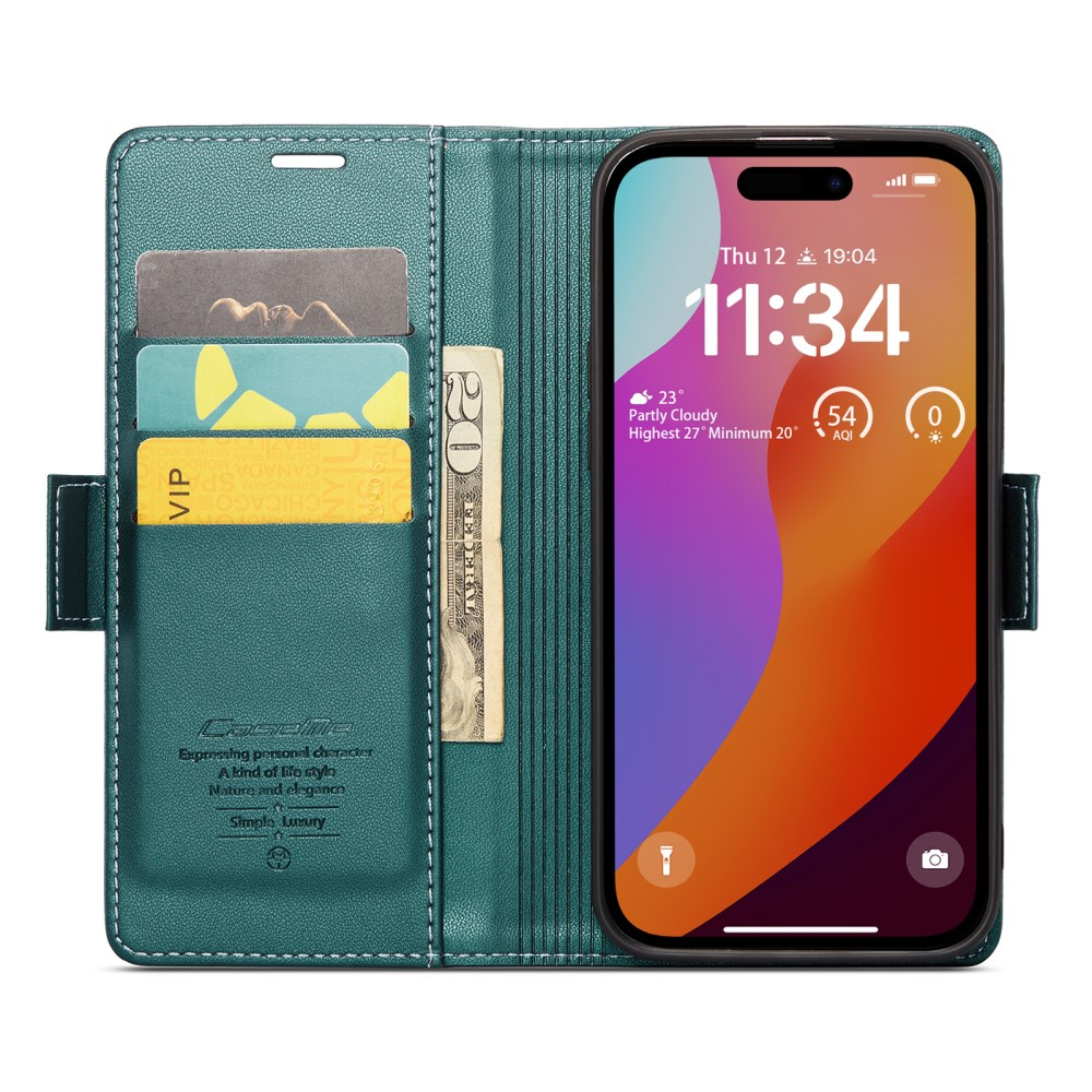 iPhone 16 Pro Leder Tasche Flip Wallet Etui mit Kartenfächern Litchi Look (RFID Schutz) - Grün
