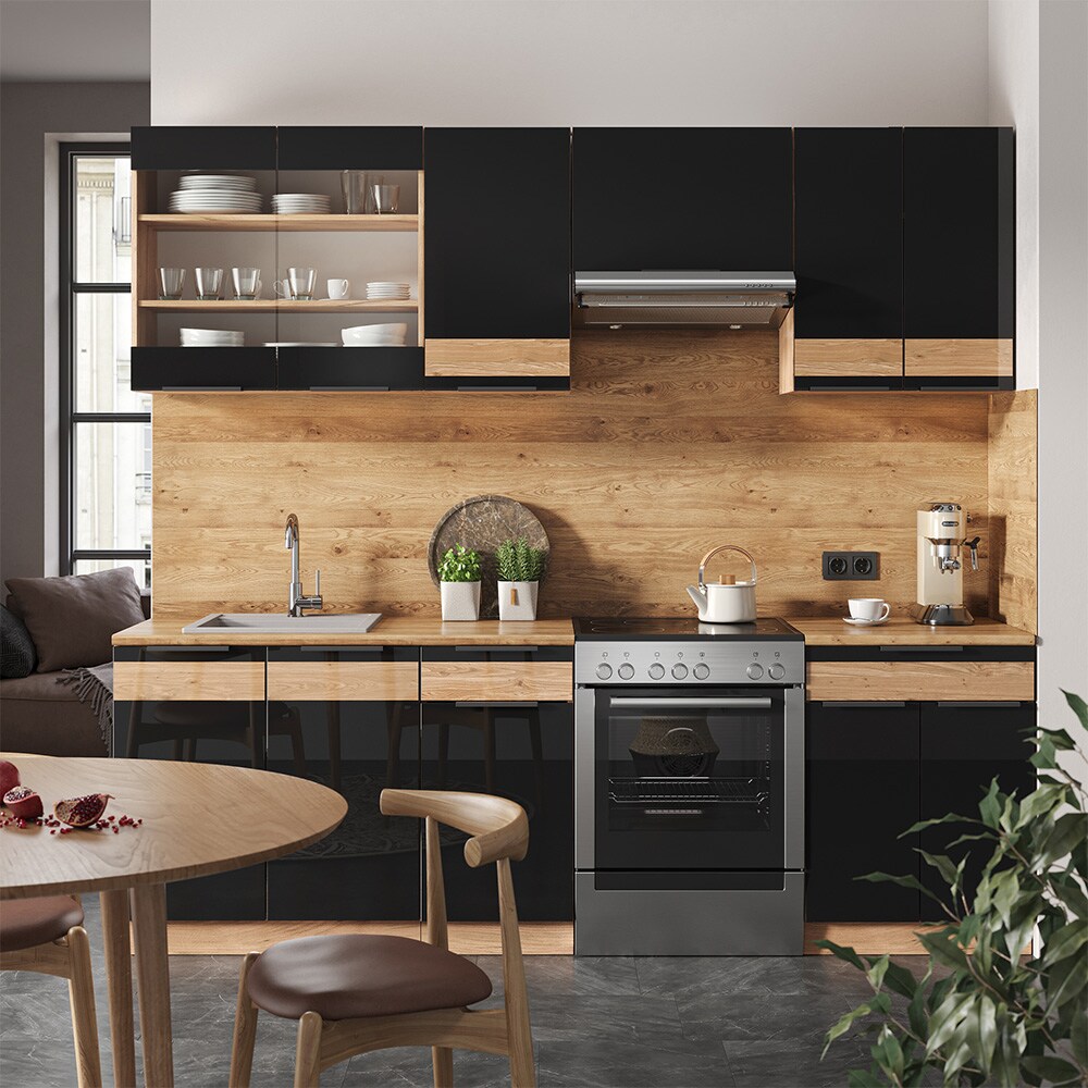 Vicco Küchenzeile Küchenblock Einbauküche Fame-Line Eiche Schwarz 240 cm modern Hochglanz Küchenschränke Küchenmöbel