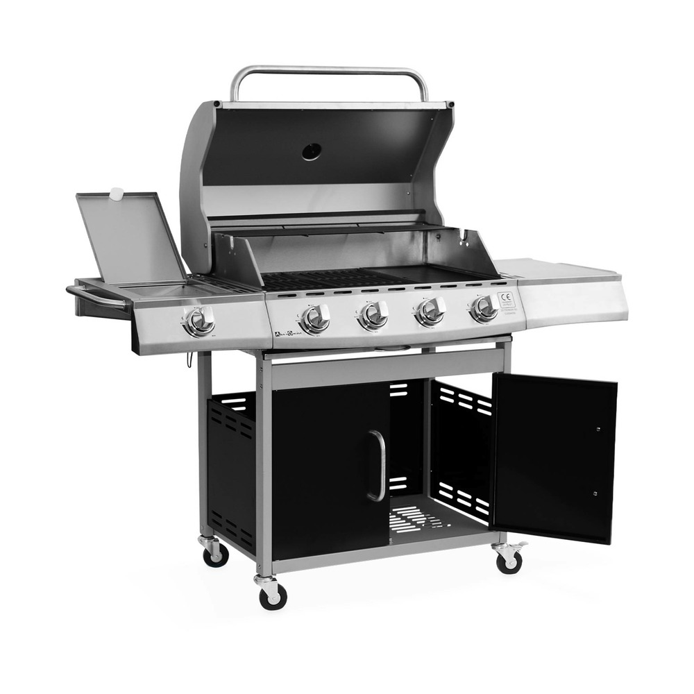 Barbecue gaz inox 17kw - richelieu noir - barbecue 5 brûleurs dont 1 feu latéral. Côté grill et côté plancha