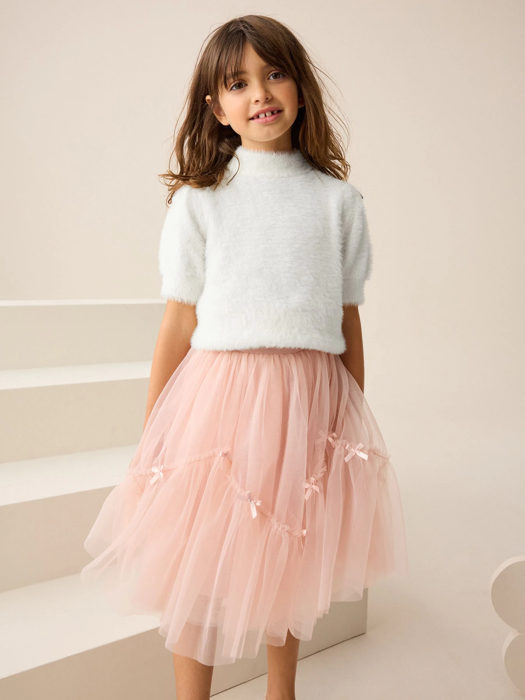 Ecru - Fluffy Short Sleeve Top (3-16yrs)