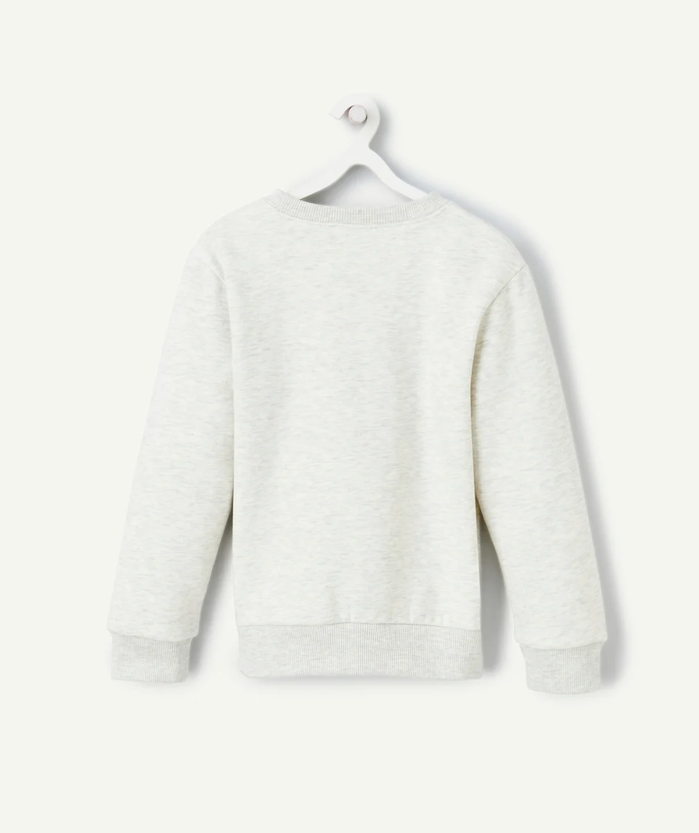 SWEAT GARÇON EN FIBRES RECYCLÉES GRIS CHINÉ AVEC MESSAGE EN BOUCLETTES BLEU