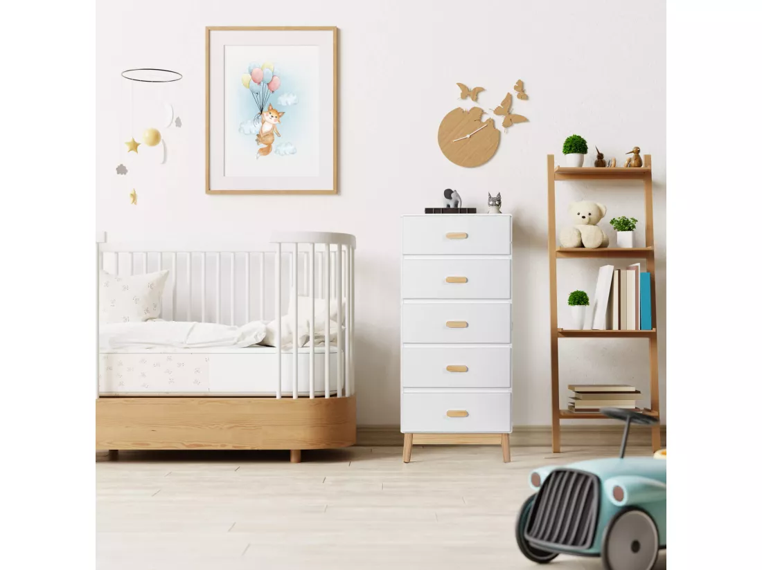 Commode Mobili Rebecca Myristica 115x50x40 MDF Pin Blanc Marron Scandinave À Monter