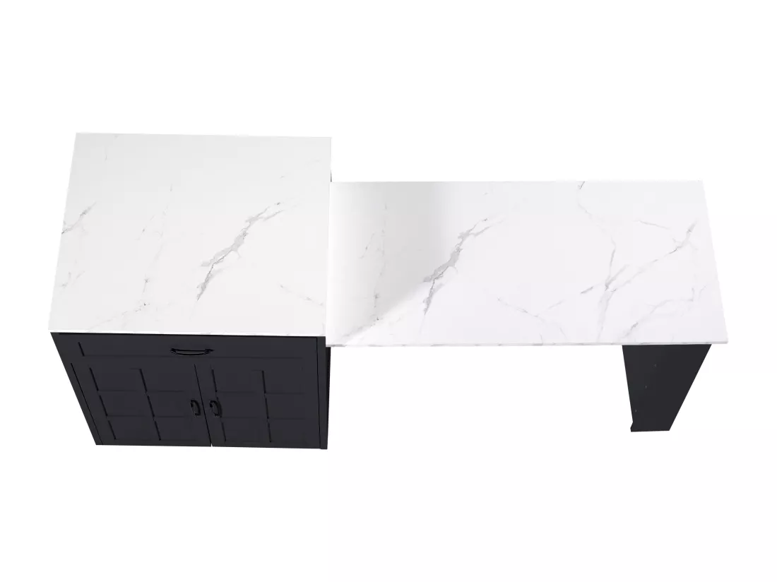 Ilot central de cuisine avec 2 portes et 2 tiroirs - Plateau extensible - Comptoirs en marbre artificiel - 133(202)x59x93.5 cm - 2 à 6 personnes - Noir +Blanc