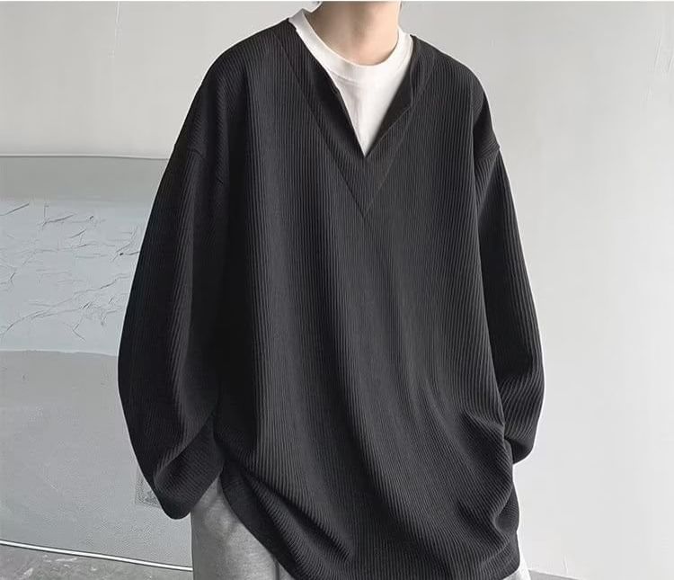 Zoslane - Mock Two-Piece Long-Sleeve Crew Neck Two-Tone Sweatshirt