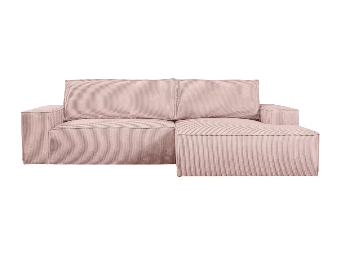 Canapé d'angle droit convertible en velours côtelé rose poudré AMELIA