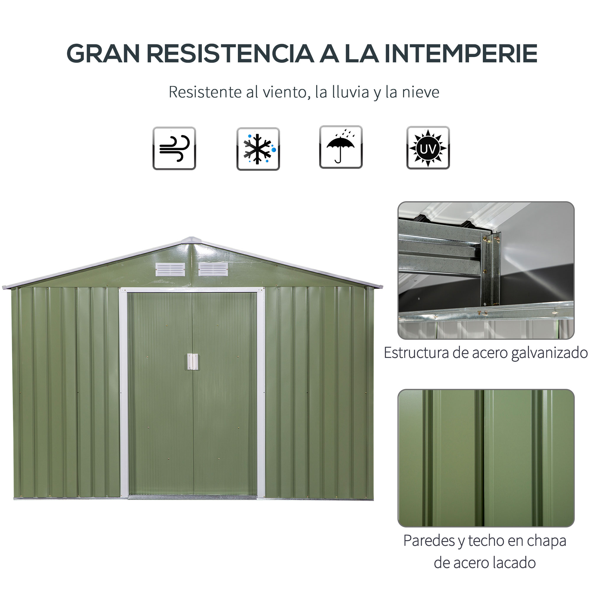 Casinha de jardim metálica Outsunny para armazenamento de ferramentas com base incluída.
