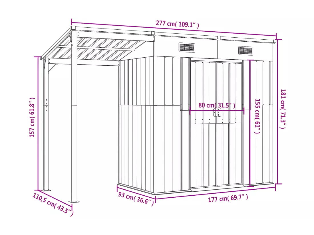 Abri de jardin avec toit prolongé marron 277x110,5x181 acier