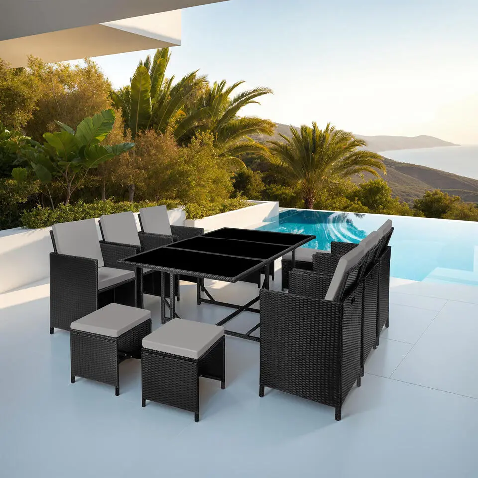 tectake - tuinset Malaga 6 4 1 met regenhoes - wicker - zwart/grijs