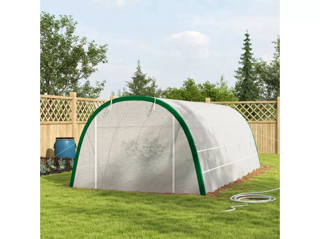 Serre de jardin tunnel surface sol 18 m² châssis tubulaire acier galvanisé renforcé 24 mm 8 fenêtres PE maillé blanc vert