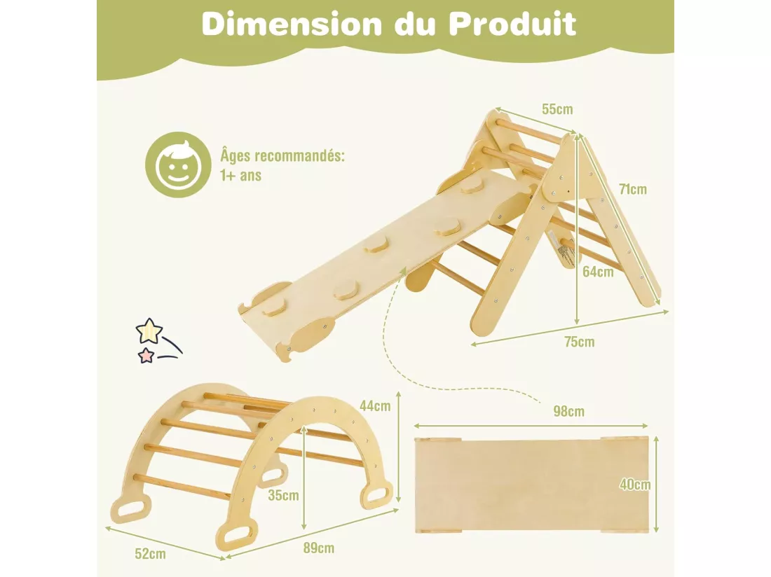 7 en 1 Triangle d'escalade Enfants avec Rampe Réversible, Arc d'escalade ou Bascule en Bois de Hêtre, Charge Max 50KG pour Glisser ou Grimper pour Bébé de 1 an+, Naturel
